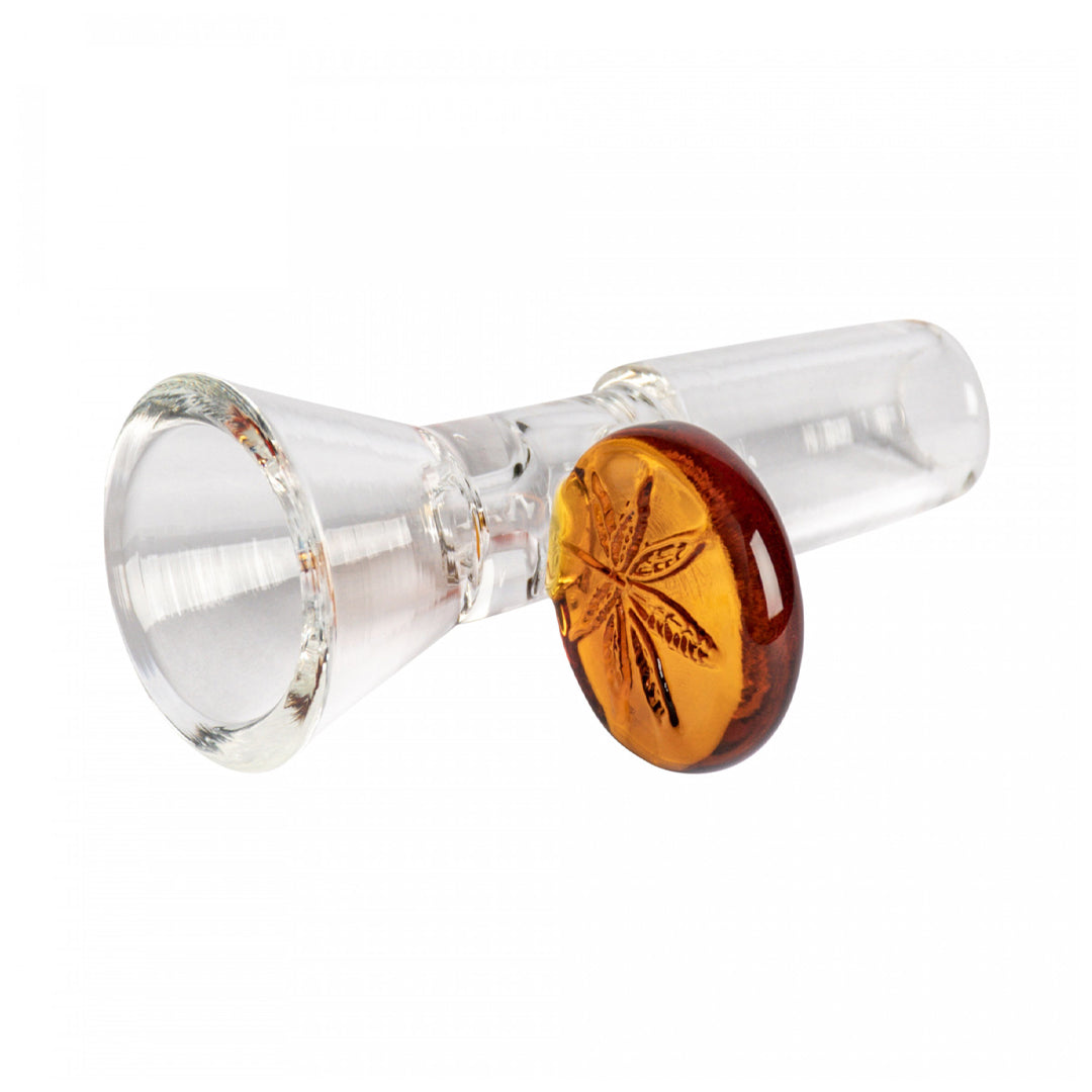 RED EYE GLASS CONE BOWL W/ LEAF STAMPED HANDLE - 14MM