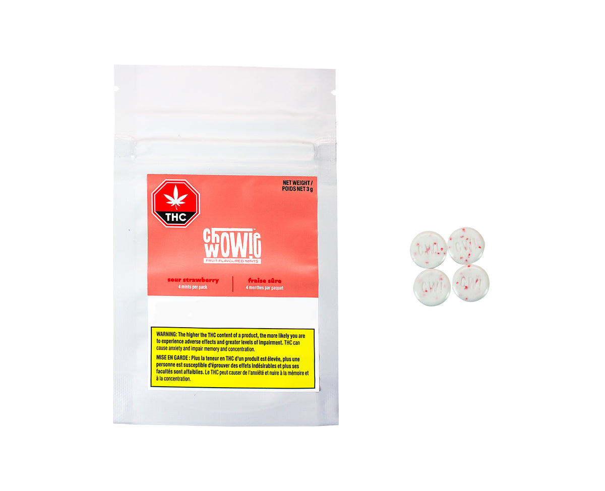 CHOWIE WOWIE SOUR STRAWBERRY THC (H) MINTS - 2.5MG X 4
