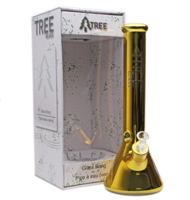 TREE GLASS 15" BEAKER WATER PIPE - 7MM GOLD