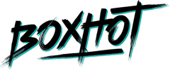 A stylized black brush-stroke logo reading 'BOXHOT' with a bright cyan outline on a plain white background.