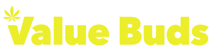 A bright yellow text logo reading 'Value Buds' with a small cannabis leaf icon above the lettering, shown on a plain white background.