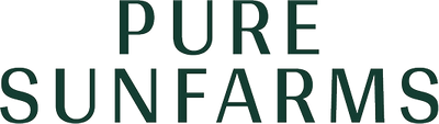 The logo for Pure Sunfarms, featuring the brand name in a dark green serif typeface on a solid white background.