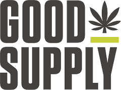 The logo for Good Supply, featuring the words 'GOOD SUPPLY' in bold dark gray letters with a dark gray cannabis leaf graphic and a yellow stripe accent on a white background.