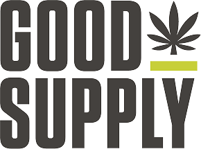 The logo for Good Supply, featuring the words 'GOOD SUPPLY' in bold dark gray letters with a dark gray cannabis leaf graphic and a yellow stripe accent on a white background.